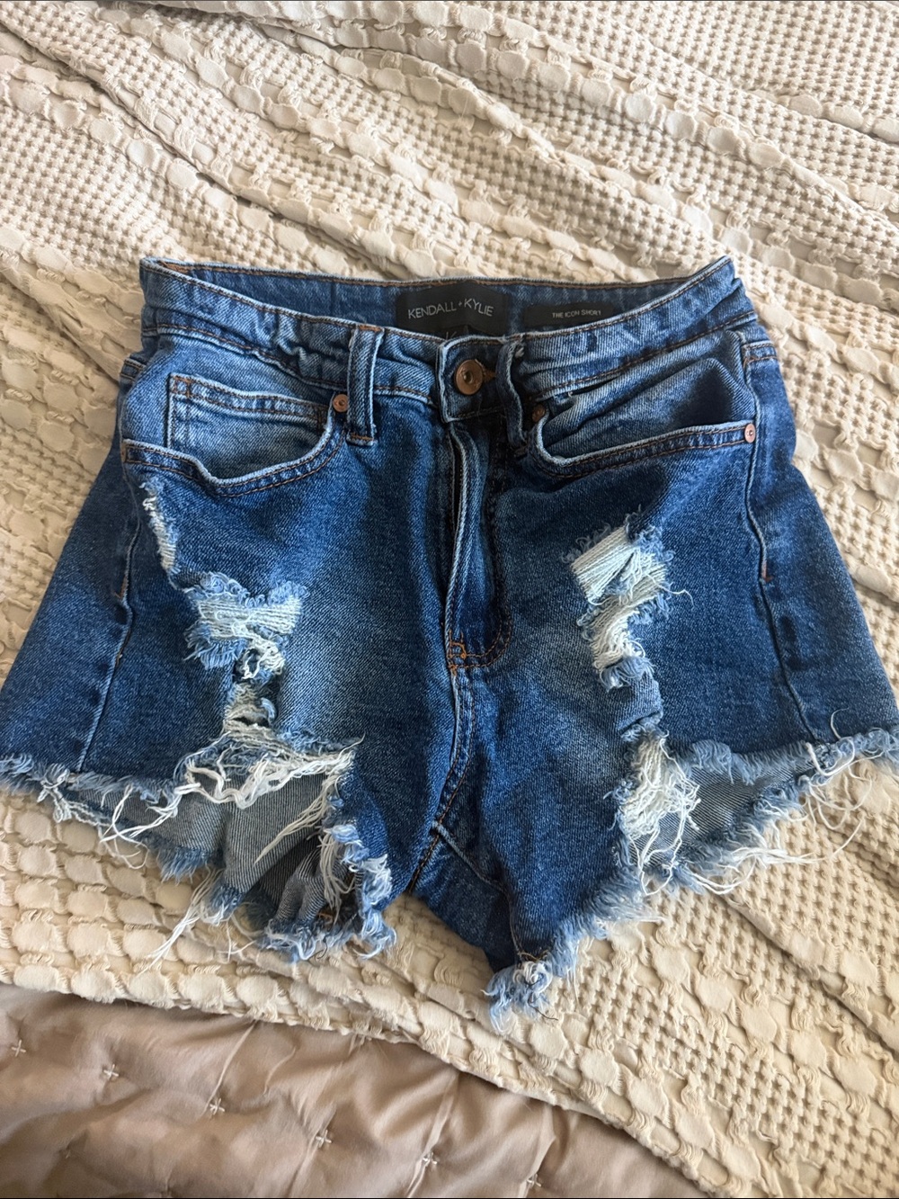 Kendall & Kylie Frayed Distressed Dark Blue Denim Shorts